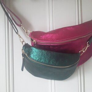 Parisian cross body bags--metallic pink and green--new